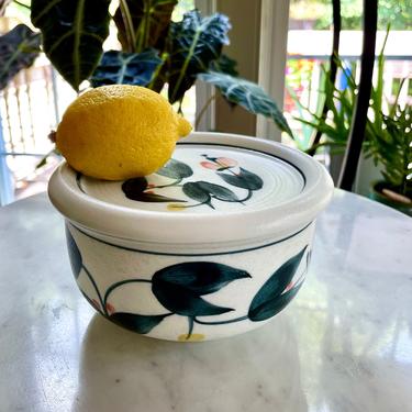 Vintage Asian Lidded Rice or Soup Bowl, Hand Painted, Ceramic, Signed - Black Peach Floral Flower Design, Serving, Leftovers Storage 