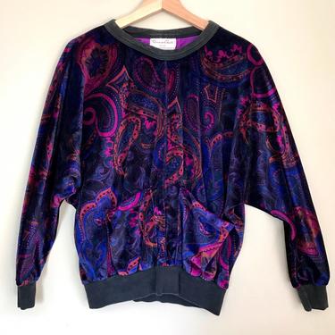 80s Small/Medium Oscar de la Renta Active Velour Paisley Sweatshirt 