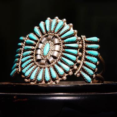 Vintage Zuni Native American Sterling Silver Needlepoint Turquoise Cuff, Signed JHN, Silver Cuff Adorned W/ 41 Turquoise Stones, 5 1/2&amp;quot; L 