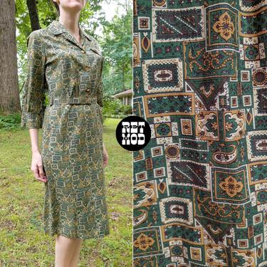 Comfy Cool Vintage 50s 60s Green Mustard Yellow Paisley Squares Printed Cotton Day Dress 