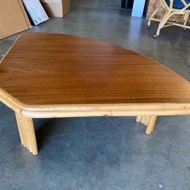 Restored &quot;Pizza Slice&quot; Rattan Side Table with Mahogany Top 