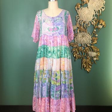 1980s tent dress, vintage 80s dress, La Cera comfort wear, pastel cotton, tiered skirt, size medium, patchwork, hippie dress, 1990s dress 