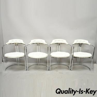 Chromcraft Mid Century Chrome Frame Barrel Back White Vinyl Chairs - Set of 4