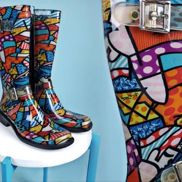 Vintage 90s mod rainboots. 90s does 60s. Op art, geometric, abstract. Fabric lined rubber. Size 7 