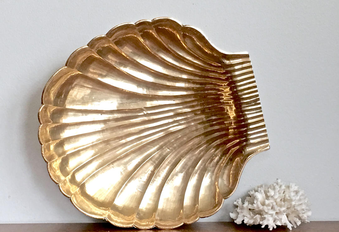 Large Brass Clamshell Tray Solid Brass Footed Dish Nautical Coastal