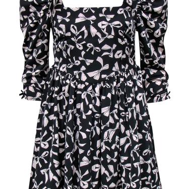 For Love & Lemons - Black & Cream Bow Print Puff Sleeve Fit & Flare Dress Sz S
