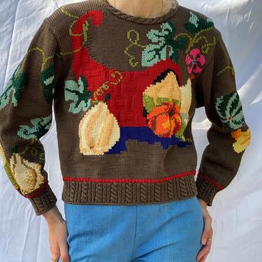 Vintage Intarsia Novelty Sweater / Pumpkins Gourds Vegetables Fruits Novelty Print / A Great Big Feast / Cozy Sweater / Ralph Lauren Look 