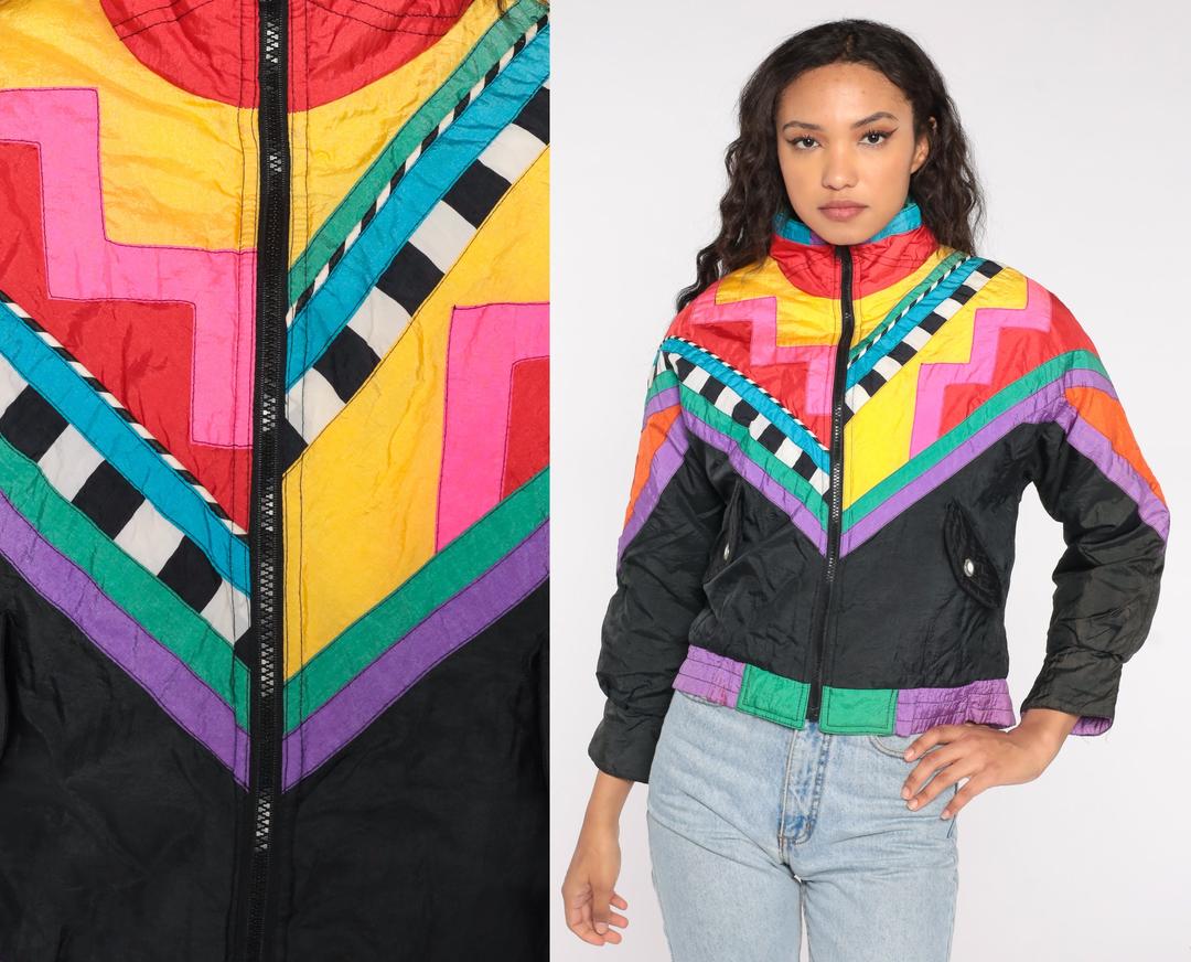 Vintage 80s 90s Puffy SKI JACKET Colorful Shapes Neon Color 