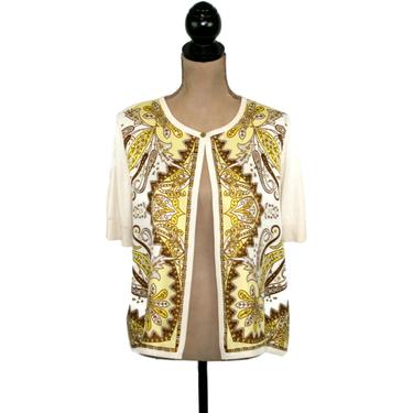 Short Sleeve Cardigan Medium, Lightweight Baroque Print Satin + Silk Knit Sweater 90s Y2K Clothes Women Vintage Clothing from Talbots Petite 