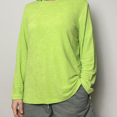 Vintage lime green long sleeve Laura Ashley T-shirt stretchy textured oversized large XL neon highlighter 
