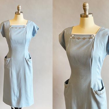 1950s Wiggle Dress / 50s Blue Day Dress / 1950s Bombshell Dress / Size Small / Size Medium / Size Small-Medium 