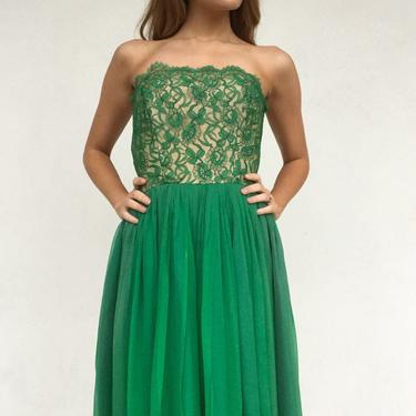 Vintage VTG 50s 1950s Green Lace and Chiffon Strapless Party Dress 