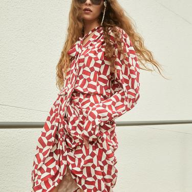 ISABEL MARANT Red/White Geo Silk Tie Neck Dress (Sz. 6)