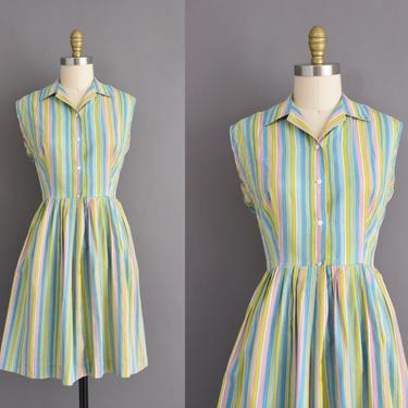 vintage 1950s dress | Pastel Stripe Print Sleeveless Cotton Day Dress | Large | 50s vintage dress 