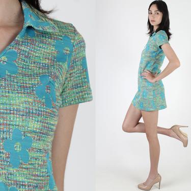 Vintage 70s Groovy Floral Scooter Dress / Sexy Mod Stretchy Dress / Zip Up GoGo Micro Mini Dress 