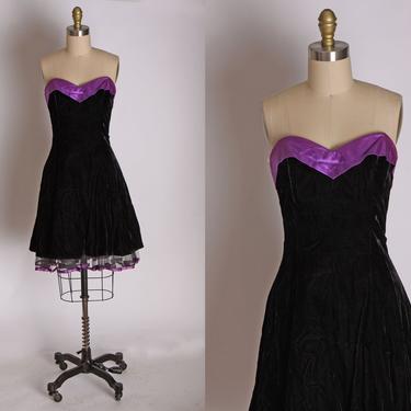 1980s 1990s Black Velvet and Purple Satin Trim Tulle Pageant Prom Dress by Roberta -XS 