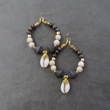 Wooden hoop earrings, natural Afrocentric earrings, cowrie shell earrings, African earrings, bold statement, unique ethnic earrings brown 