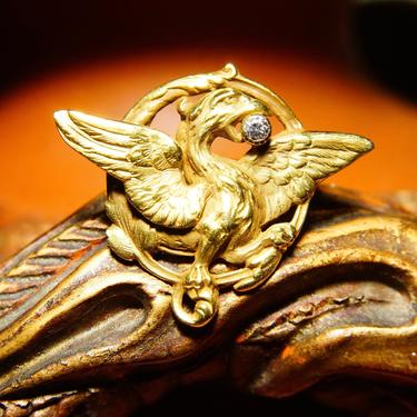 Vintage 14k Gold Diamond Phoenix Brooch Pin, Yellow Gold Winged Crest Pin, .0625 CT Brilliant Diamond, Rebirth Symbol, 1 1/4” W 