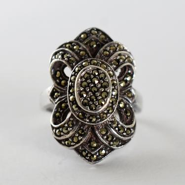 Ornate 40's Art Deco sterling marcasite size 6.75 ribbon ring, heavy 925 silver pyrite dark bling bow statement 