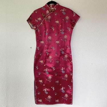 1960s Raspberry red satin cheongsam dress 