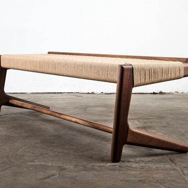 Cantilever Bench, Long, Bedroom, Entry Way, Woven Danish Cord, Mid-Century, Walnut, Hardwood 