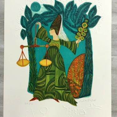 Mid Century Modern Unframed Libra Zodiac Judith Bledsoe Hand Signed Lithograph 