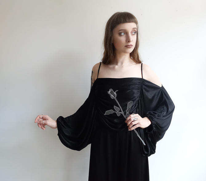 Vintage 70s Does 30s Black Grecian Draped Gown 1970s Balloon