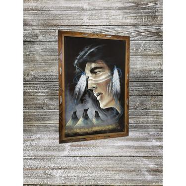 Vintage Black Velvet Elvis Painting, Indian Cherokee, 1970s Framed Art, The KING, Signed Ortiz, Native American, Vintage Home Wall Decor 