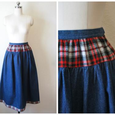 Vintage 1980's Plaid Trim Midi Denim Skirt | Size Extra Small 