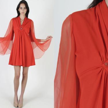 70s Mod Disco Kimono Dress / Sheer Red Chiffon Angel Sleeves / Disco Party Outfit /  Floral Rhinestone Bodice Detail Mini Dress 