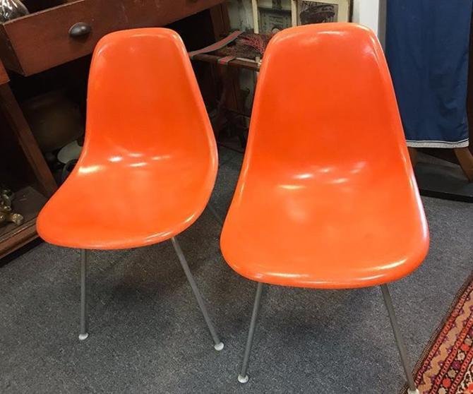 Orange Herman Miller molded plastic side chairs. $150 each | Wishbone ...