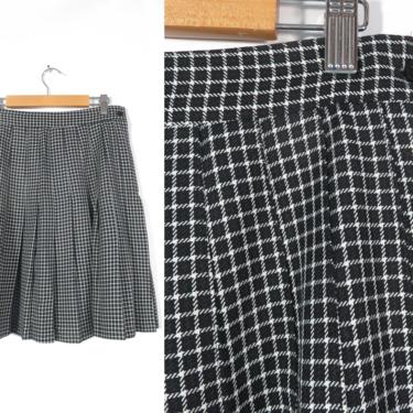 Vintage 80s/90s Black And White Windowpane Plaid Pleated Schoolgirl High Waist Mini Skirt Made In USA Size 28 Waist 