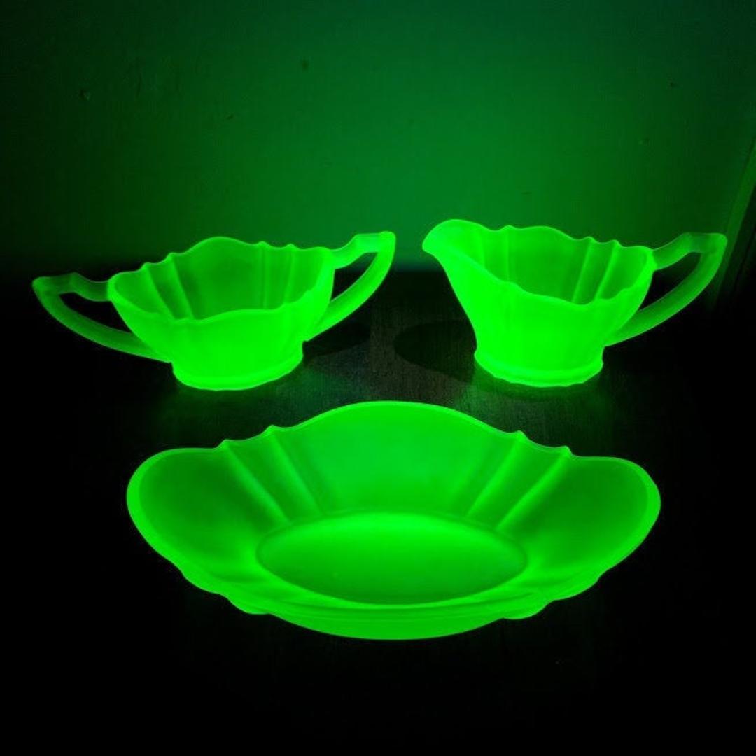 Vintage Tiffin Glass 310 Frosted Green Uranium Glass Sugar Bowl Creamer Over The Years 2858