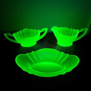 Vintage Tiffin Glass 310 Frosted Green Uranium Glass Sugar Bowl, Creamer, and Condiment Dish 