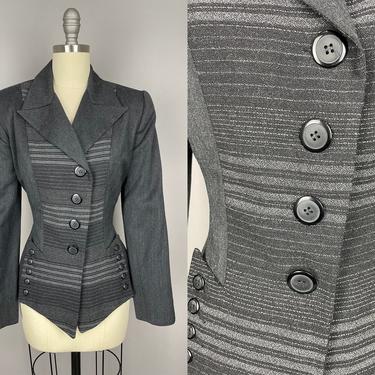 1940s Striped Grey Jacket | Vintage 40s Noir Tailored Jacket with Striped Panels | small / medium 