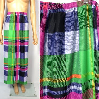 Vintage 60s Plus Size Neon Plaid Elastic Waist Maxi Skirt Size 16 XL 
