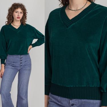 80s Emerald Green Velour Sweater - Large | Vintage Sears Long Sleeve V Neck Sweatshirt 