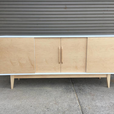 NEW Hand Built Mid Century Inspired TV Stand / Buffet. White & Maple 4 door with straight leg base. Buffet / Credenza 