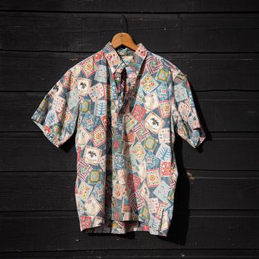 Vintage Reyn Spooner Hawaiian Shirt | Large 100% Cotton Reverse Print Paisley Folk Stamps Hawaiian Shirt | Americana Aloha Shirt Polo Surf 