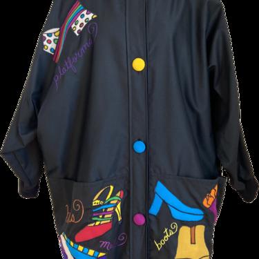 90s Shoe Lover Silk Appliqué Wearable Art Batwing Coat By Silkscapes