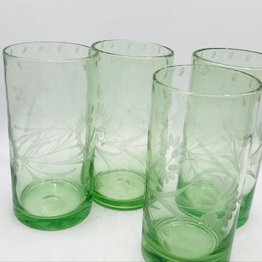 Set of  (4)  Pale Green Hand blown, recycled glass hand-etched floral motif  Mexico of recycled glass by Rose Ann Hall Designs 20 ounces 