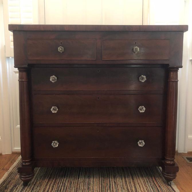 Antique (1800s) Sheraton Dresser, 5 drawer, burled mahogany, with