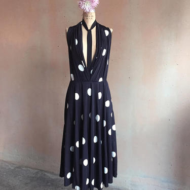 Vintage 80s Polka Dot Buttoned Neckline Dress 