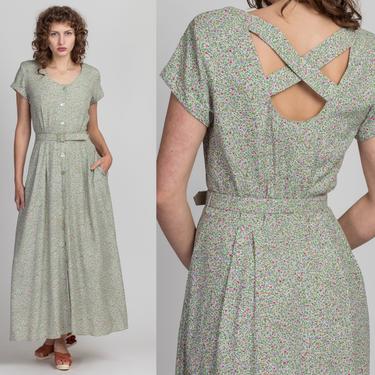 Vintage Cross Keyhole Back Floral Maxi Dress - Medium | 70s 80s Green Belted Grunge Button Up Sundress 