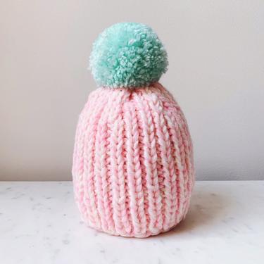 Little Minnows Hand Knit Baby Beanie Hat // Bright Pink Melange with Teal Pompom 