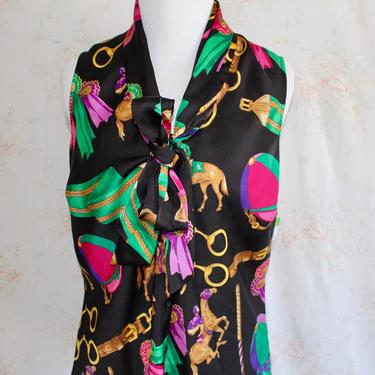 Vintage 90s Pussy Bow Blouse, 1990s Equestrian Shirt, Top, Tie, Horse, Ralph Lauren, Novelty Print, Satin, Silk, Black, Hermes Style 