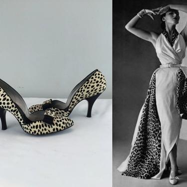 Let The Hunt Begin - Vintage 1950s Printed Fur Leopard D'Orsay Heels Shoes Stilettos - 6 1/2 