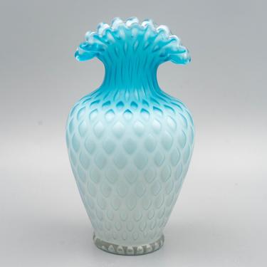 Blue Satin Glass Vase, Mother of Pearl Diamond Quilted | Antique Victorian Glass Decor Cased Glass 