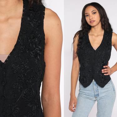 Floral Embroidered Sweater Vest Black Beaded Top 90s Vest Floral Tank Top Knit Shirt Retro Sleeveless Sweater 1990s Vintage Button Up Medium 