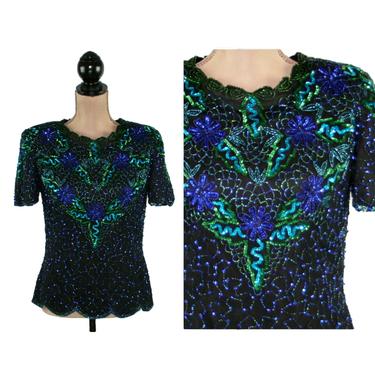 Sparkly Sequin Top, Beaded Blouse Medium, Short Sleeve Cocktail Party Formal Evening Wear, Dressy Clothes Women, Vintage Clothing by Papell 